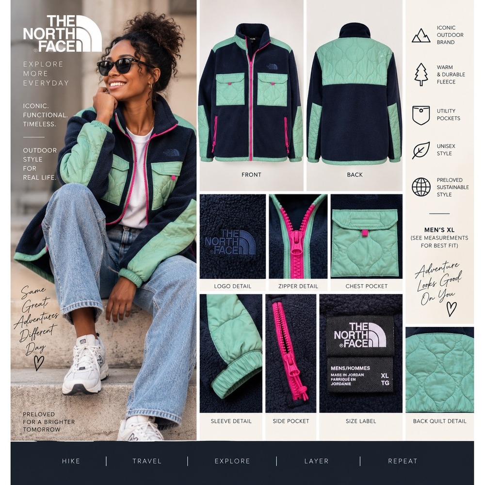 The North Face Womens Oversized XL Fleece Jacket Navy Mint Pink Utility Zip Up